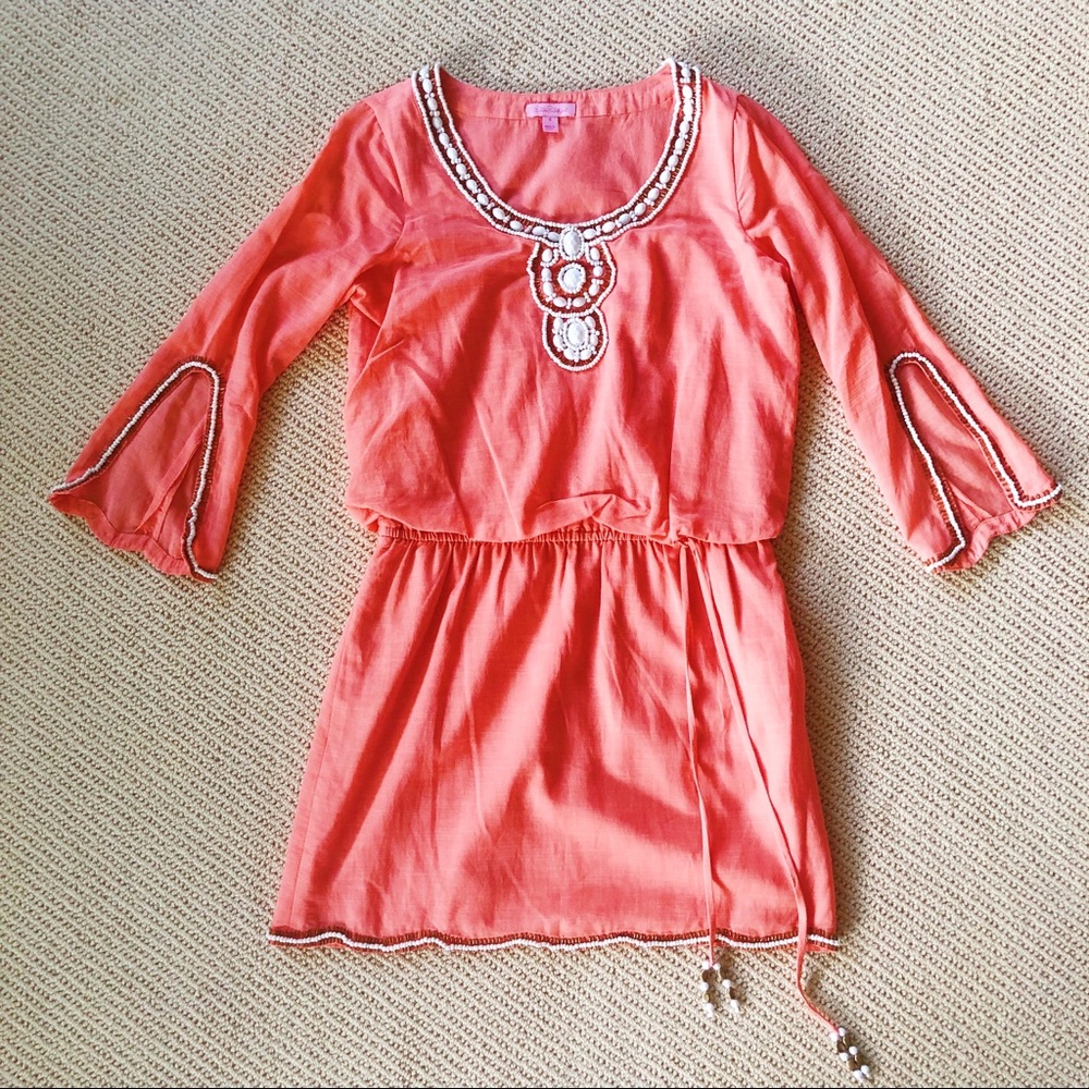 Unreal! Salmon linen beaded Lilly Pulitzer dress